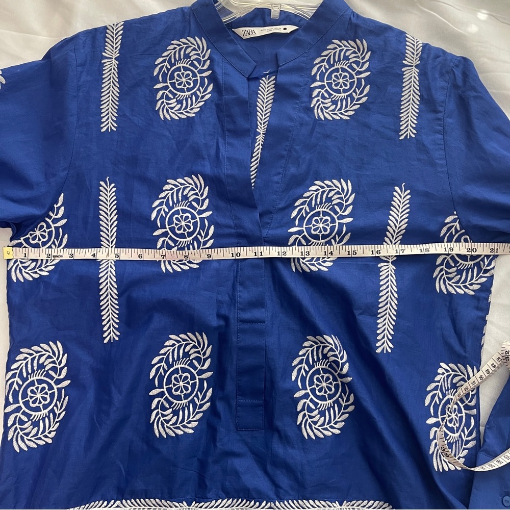 Zara Floral Embroidered Tunic V-Neck Bohemian Blue White Womens size M - Picture 10 of 10